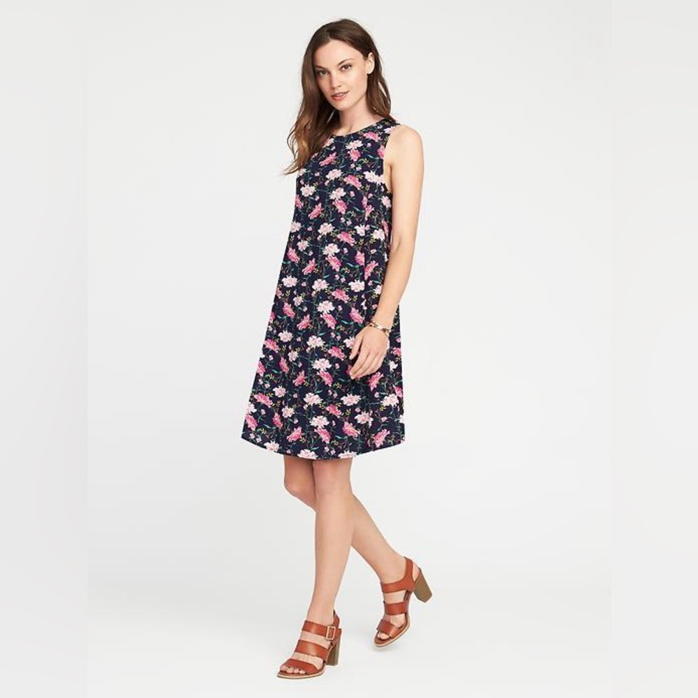 Old Navy Printed Sleeveless Swing Dress for Women Size XS Navy Blue Pink Floral